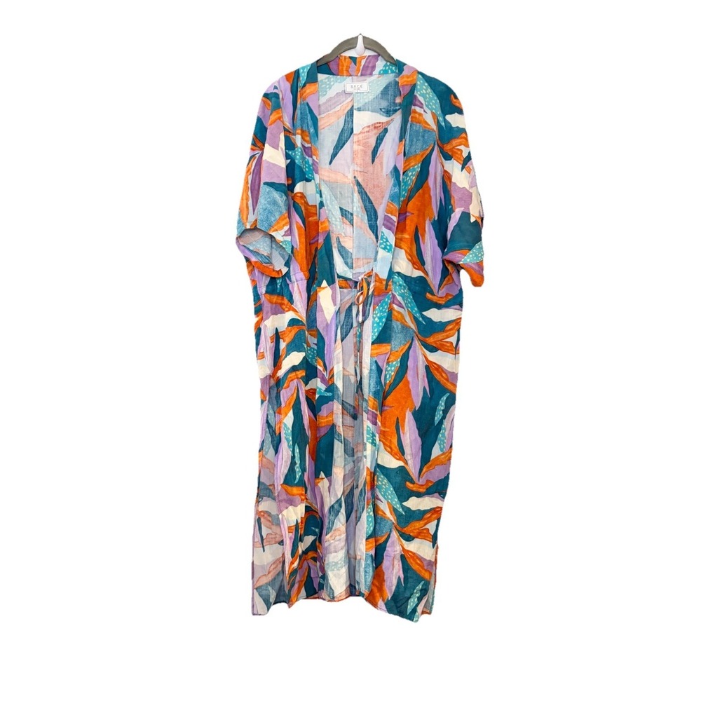 Sage The Label Boho Resortwear Maxi Dress Beachy‎ Tropical Tie Front Kimono S